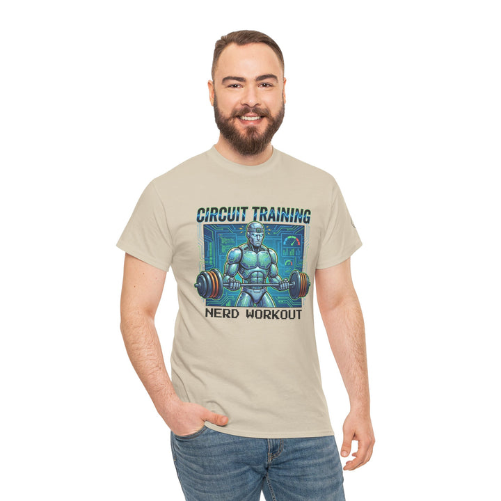 Beige t-shirt with graphic by Veteran owned, featuring a robot lifting weights with "Circuit Training Nerd Workout" text.