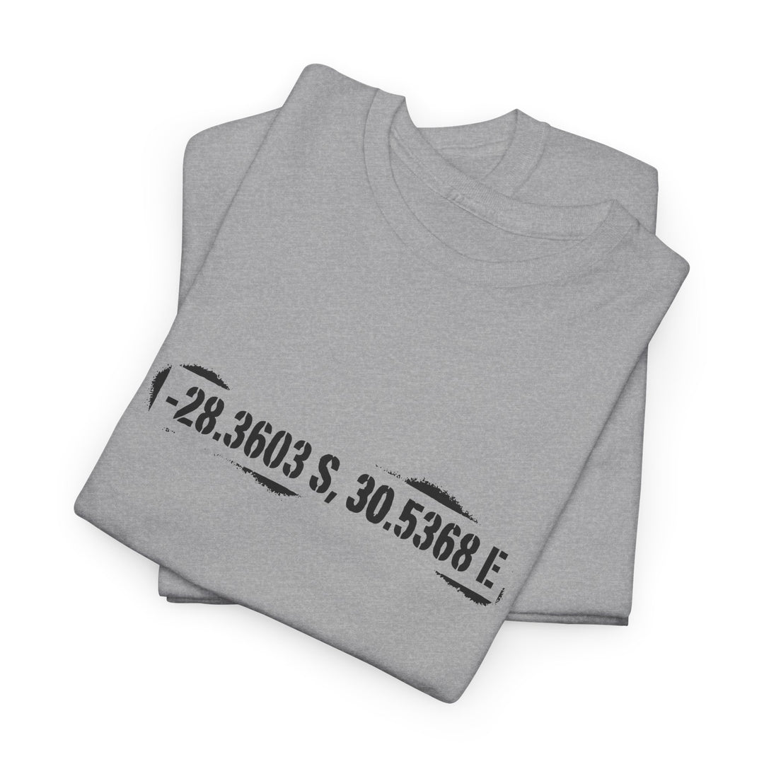 Rorke’s Drift T-Shirt featuring historic battle coordinates. Honor the 1879 Anglo-Zulu War with precise latitude &amp; longitude design.