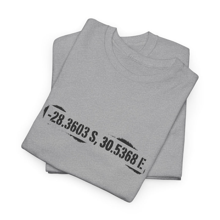 Rorke’s Drift T-Shirt featuring historic battle coordinates. Honor the 1879 Anglo-Zulu War with precise latitude &amp; longitude design.