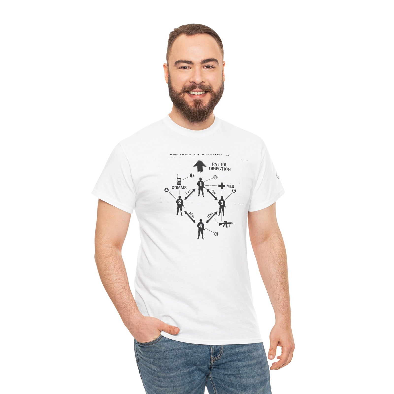 White Tactics Diagram Tee by S&W Gallus featuring a directional infantry instruction graphic, worn with blue jeans.