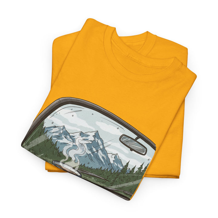 Van Roadtrip View T-Shirt featuring a scenic travel-inspired design. Soft cotton comfort perfect for van life, road trips, and outdoor adventures.