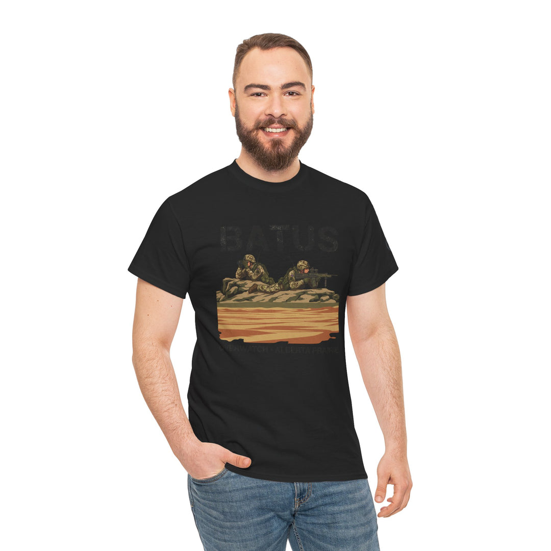 Black BATUS military sniper T-shirt by S&amp;W Gallus, featuring a desert camouflage design and worn with jeans.