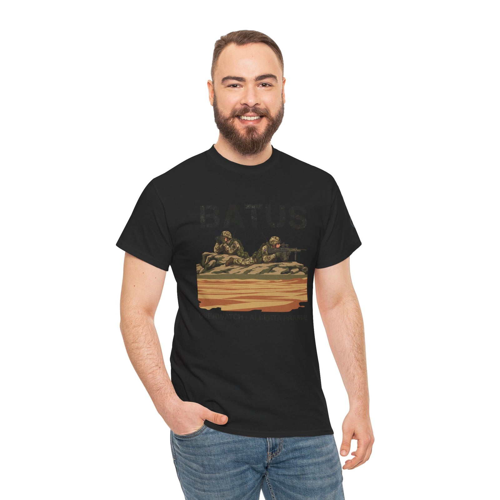 Black BATUS military sniper T-shirt by S&W Gallus, featuring a desert camouflage design and worn with jeans.
