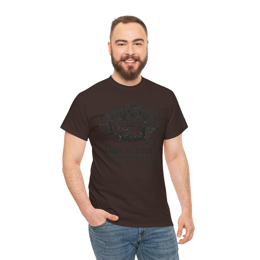 Brown t-shirt by S&amp;W Gallus, featuring a vintage graphic print of Stack Rock Fort landmark. Man wears the tee with jeans.