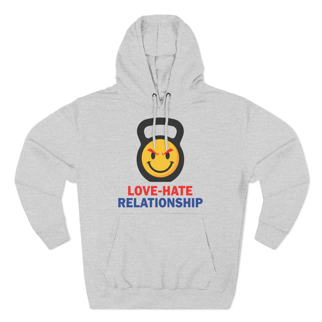 Gray hoodie by S&amp;W Gallus with a kettlebell graphic containing a smiley face and "Love-Hate Relationship" text.