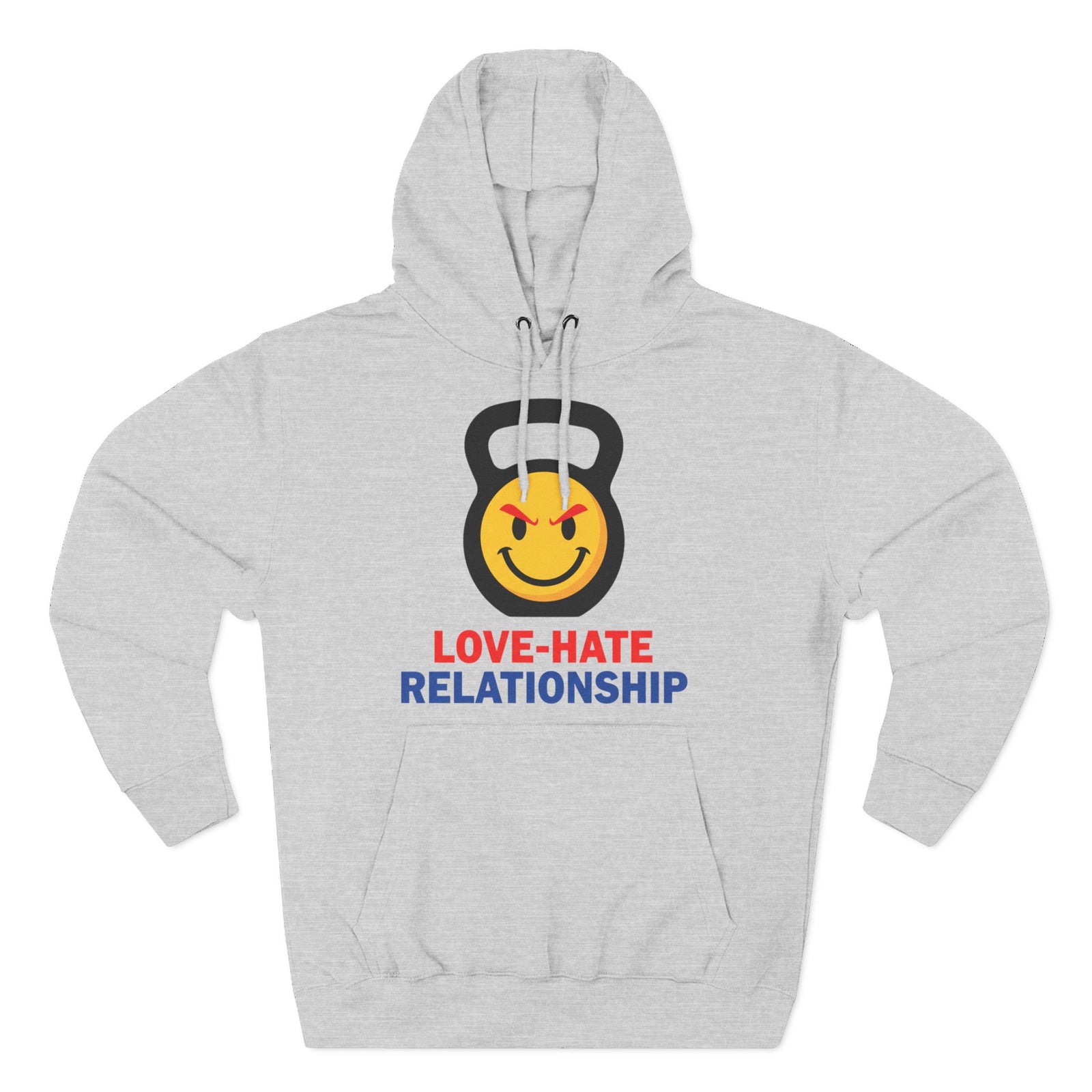 Gray hoodie by S&W Gallus with a kettlebell graphic containing a smiley face and "Love-Hate Relationship" text.