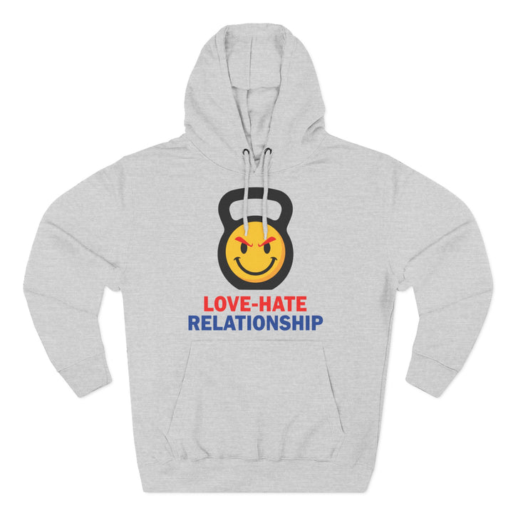 Gray hoodie by S&amp;W Gallus with a kettlebell graphic containing a smiley face and "Love-Hate Relationship" text.