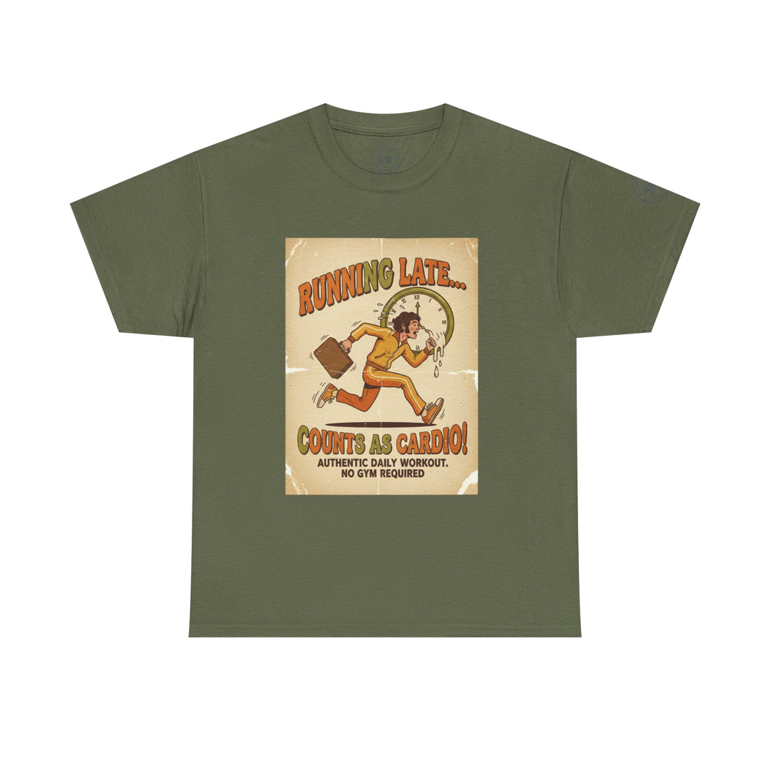 Olive green t-shirt by S&amp;W Gallus with a printed design of a person running late in a retro style.