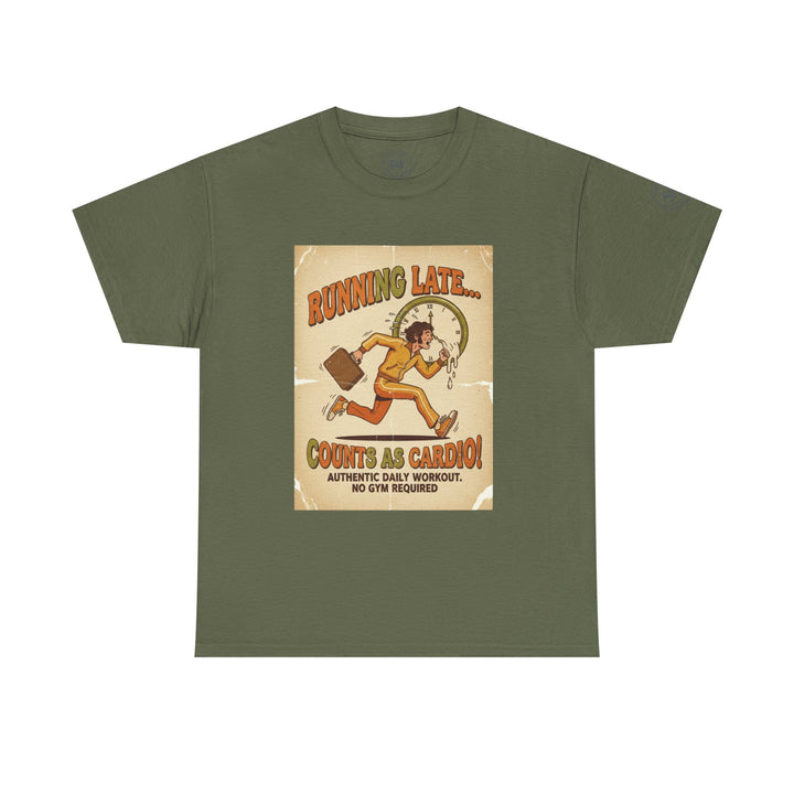 Olive green t-shirt by S&amp;W Gallus with a printed design of a person running late in a retro style.