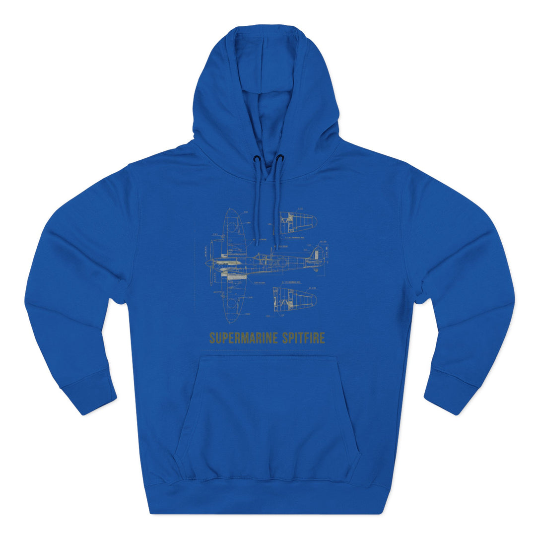 Royal blue hoodie by S&amp;W Gallus featuring a blueprint design of a Supermarine Spitfire, with a front pouch pocket and drawstrings.