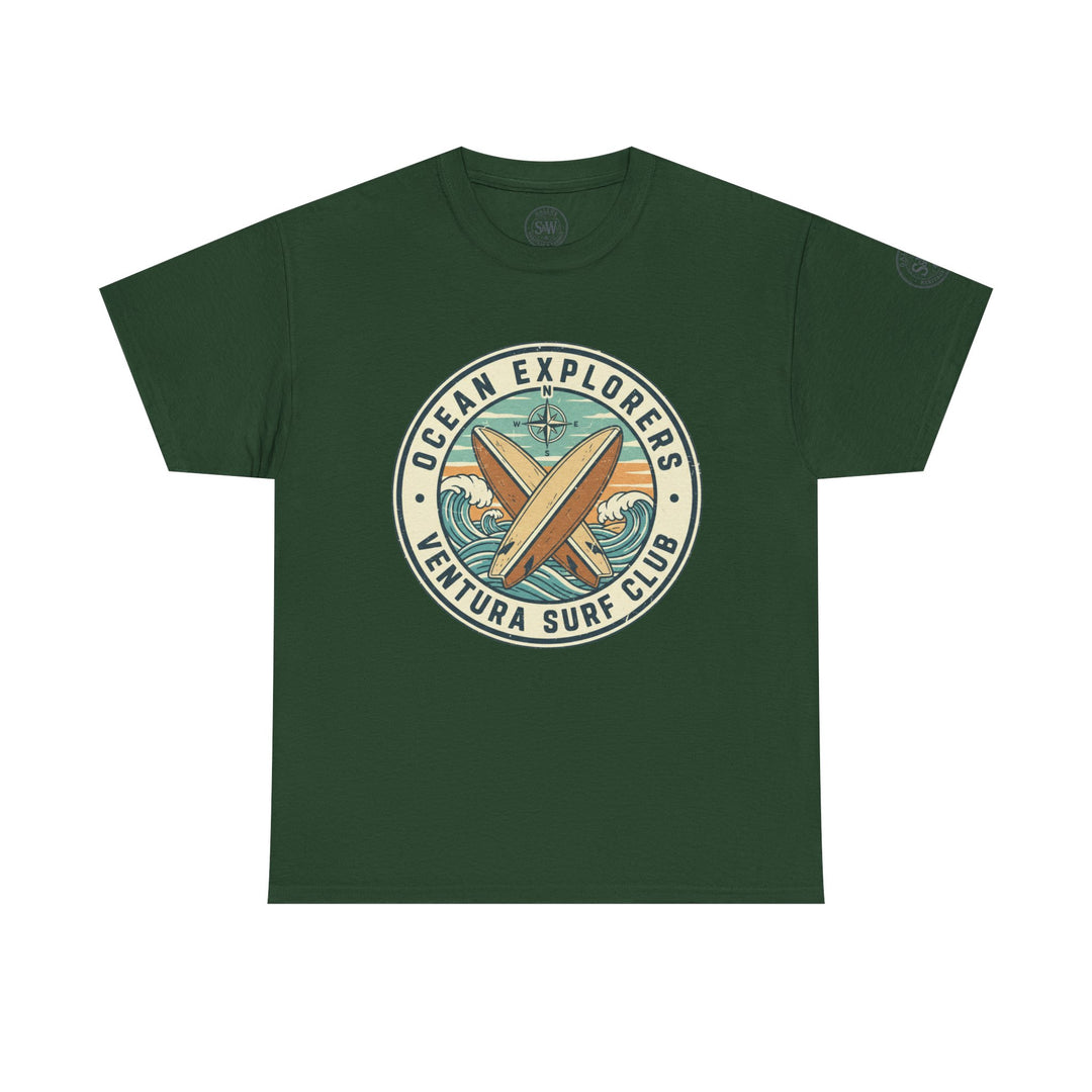 Green t-shirt by S&amp;W Gallus featuring a surf club design with crossed surfboards and wave details.