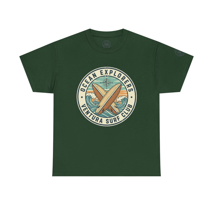Green t-shirt by S&amp;W Gallus featuring a surf club design with crossed surfboards and wave details.