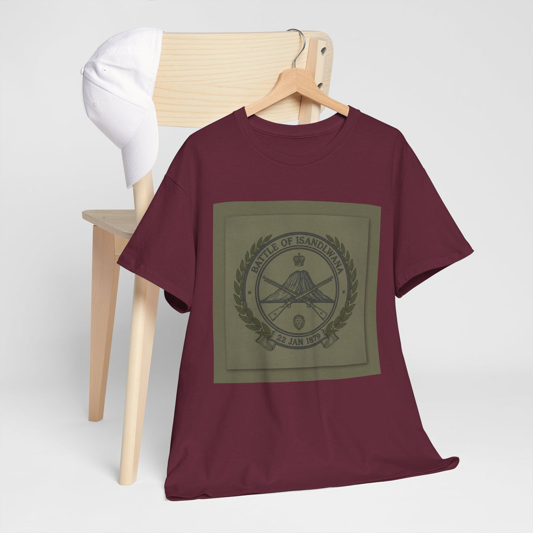 Isandlwana vintage military emblem crewneck T-shirt. Heritage graphic design inspired by historic battlefield legacy.