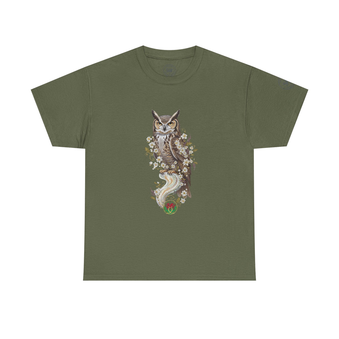 Olive green t-shirt by S&amp;W Gallus featuring an owl graphic with white flowers and Welsh dragon crest.