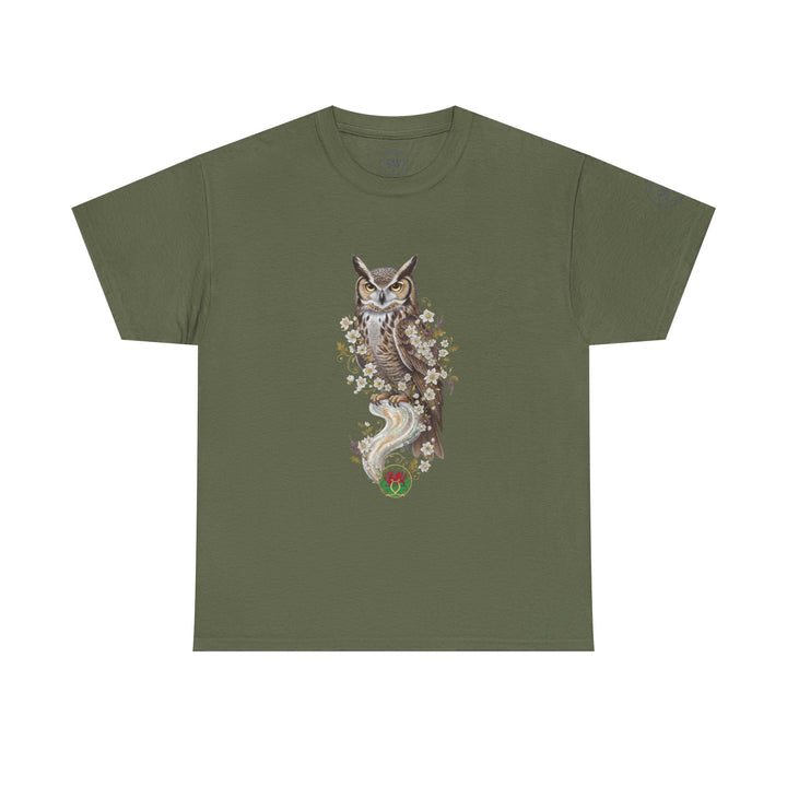Olive green t-shirt by S&amp;W Gallus featuring an owl graphic with white flowers and Welsh dragon crest.