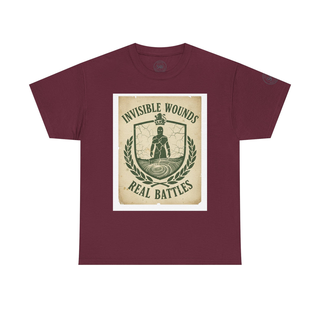 Burgundy t-shirt by S&amp;W Gallus featuring a shield graphic with the text "Invisible Wounds Real Battles".