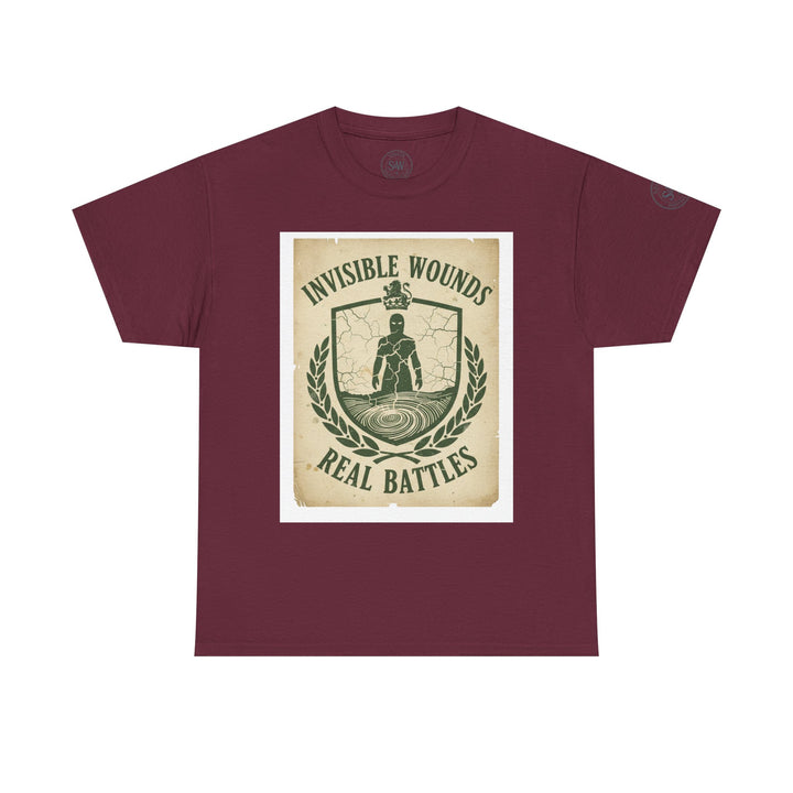 Burgundy t-shirt by S&amp;W Gallus featuring a shield graphic with the text "Invisible Wounds Real Battles".