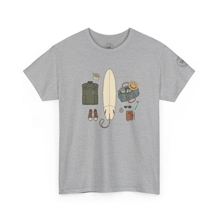 Gray t-shirt by S&amp;W Gallus featuring a graphic illustration of surfing gear and apparel.