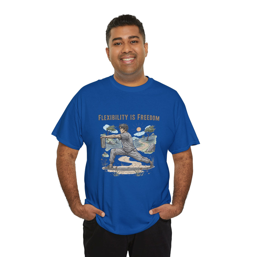 Flexibility Is Freedom Tee – soft, breathable cotton featuring a motivational design. Perfect for yoga, Pilates, stretching, or casual active lifestyle wear.