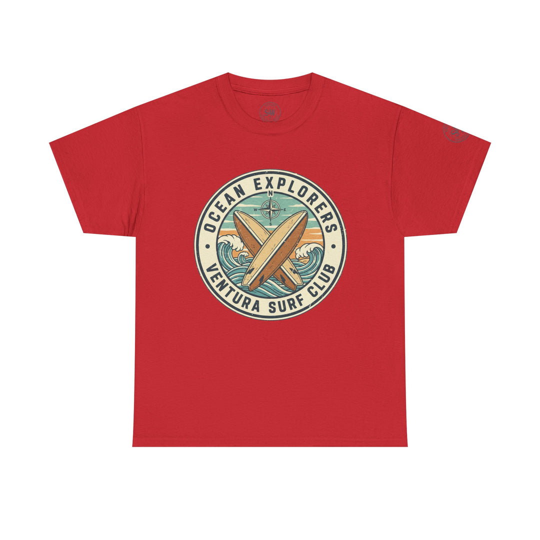 Red t-shirt by S&amp;W Gallus featuring a vintage-style surf club graphic on the chest.
