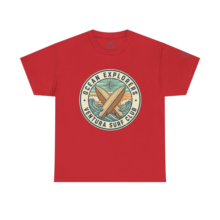 Red t-shirt by S&amp;W Gallus featuring a vintage-style surf club graphic on the chest.