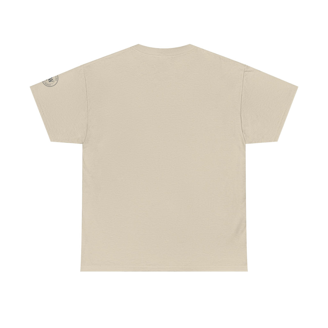 Tan t-shirt by S&amp;W Gallus, shown from the back with a logo detail on the left sleeve.