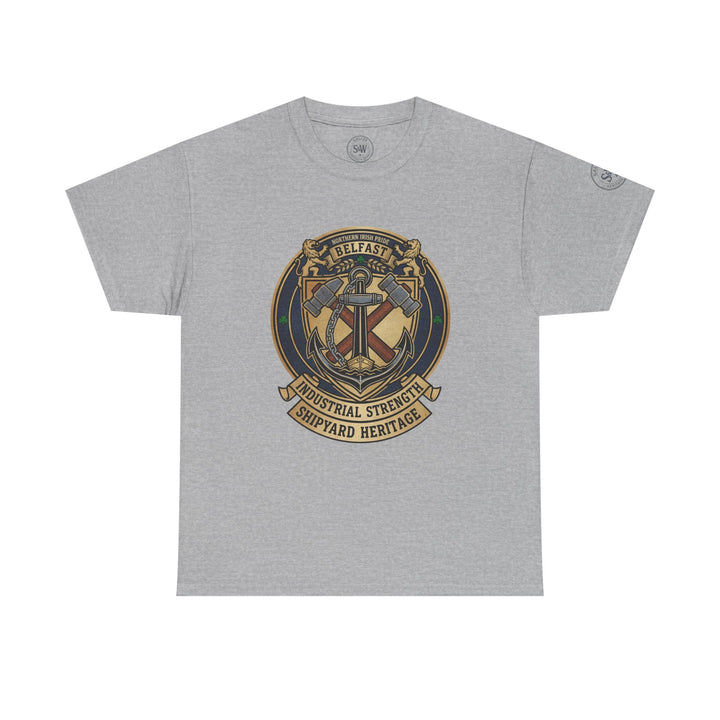 Gray Belfast Shipyard Heritage T-shirt by S&amp;W Gallus, displaying a round crest with maritime and industrial elements.