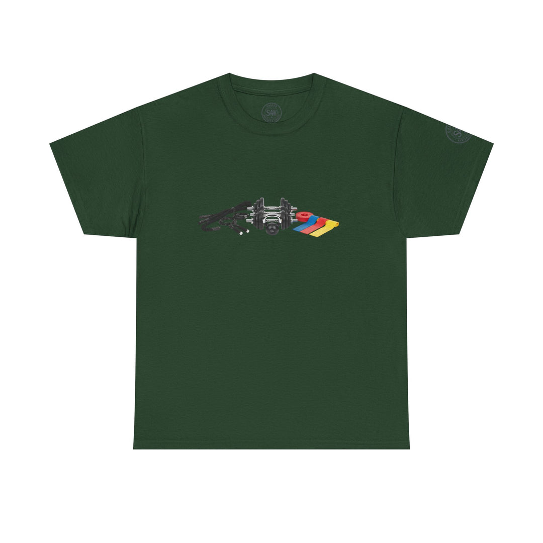 Dark green t-shirt by S&amp;W Gallus featuring a circuit set-up graphic on the front.