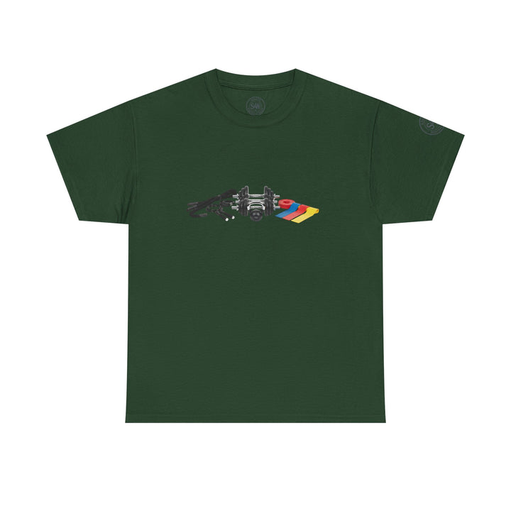Dark green t-shirt by S&amp;W Gallus featuring a circuit set-up graphic on the front.