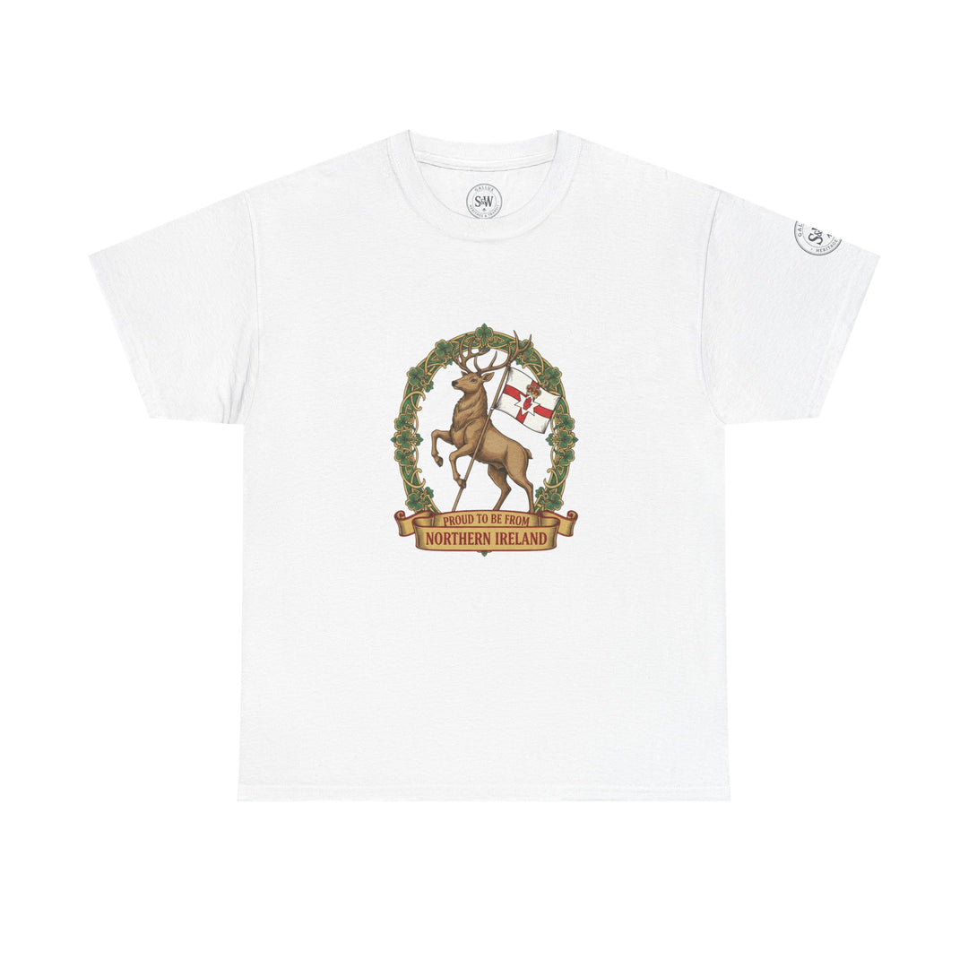 White t-shirt from S&amp;W Gallus featuring a stag and Northern Ireland flag graphic on the front.
