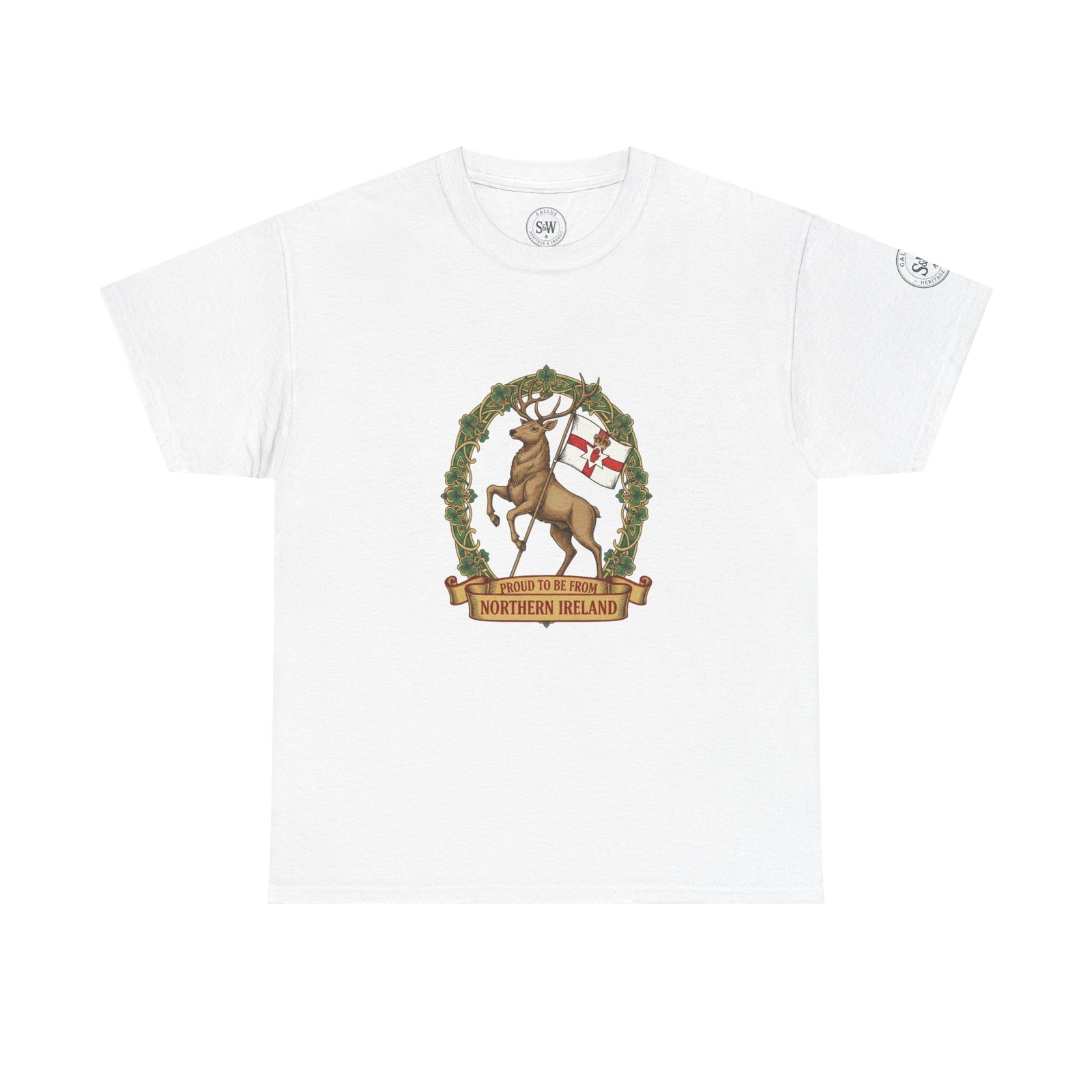 White t-shirt from S&W Gallus featuring a stag and Northern Ireland flag graphic on the front.
