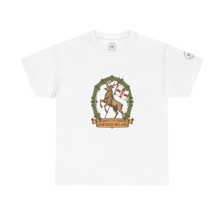 White t-shirt from S&amp;W Gallus featuring a stag and Northern Ireland flag graphic on the front.

