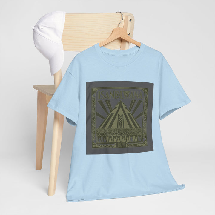 Isandlwana Festival Tee featuring bold “M” pyramid graphic. Outdoor music shirt inspired by iconic landscape vibes.