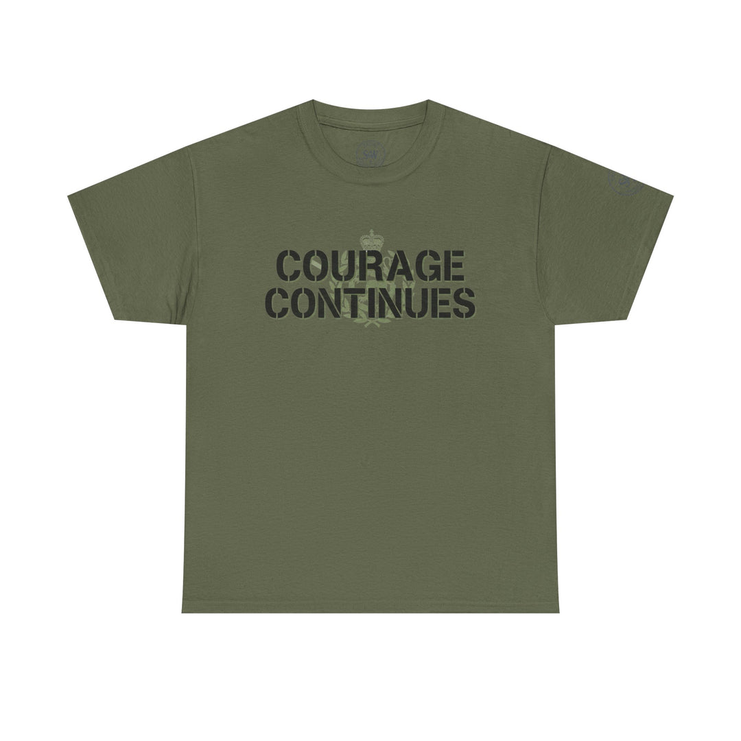 Olive green t-shirt by S&amp;W Gallus, featuring a military-themed stencil graphic with a crown and the words "Courage Continues."