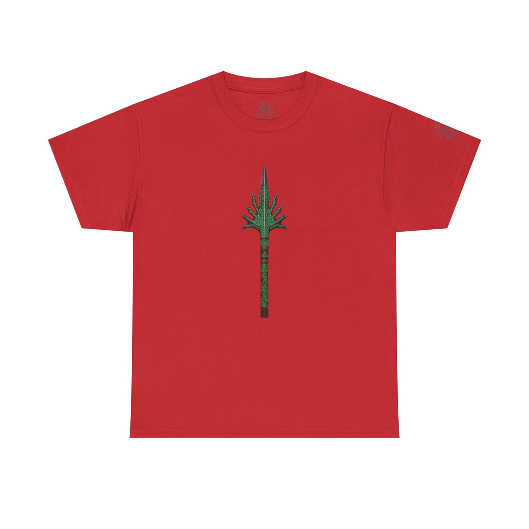 Red t-shirt by S&amp;W Gallus featuring a green spear graphic on the front.