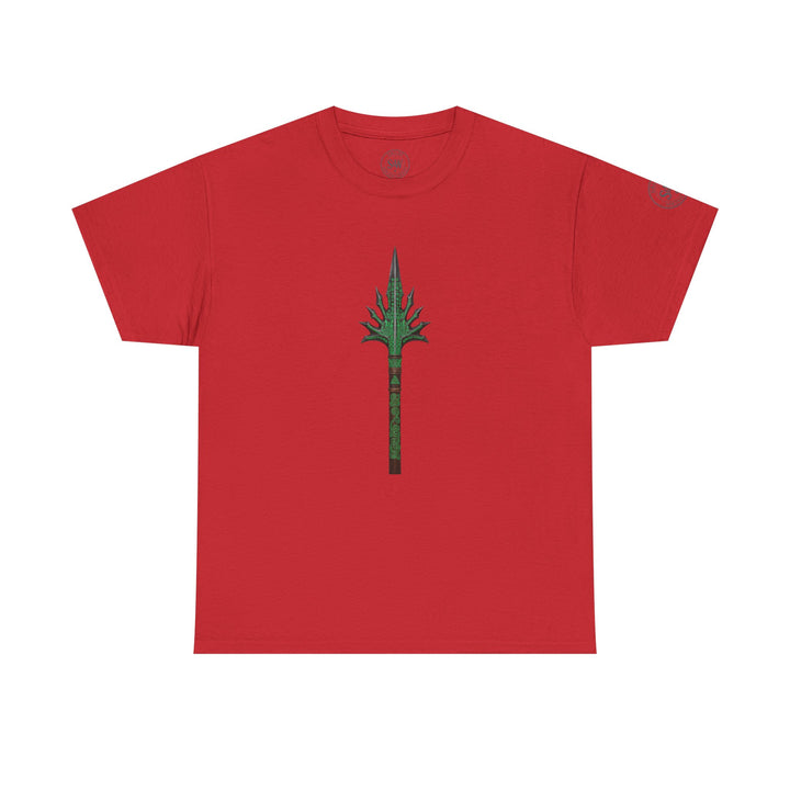 Red t-shirt by S&amp;W Gallus featuring a green spear graphic on the front.