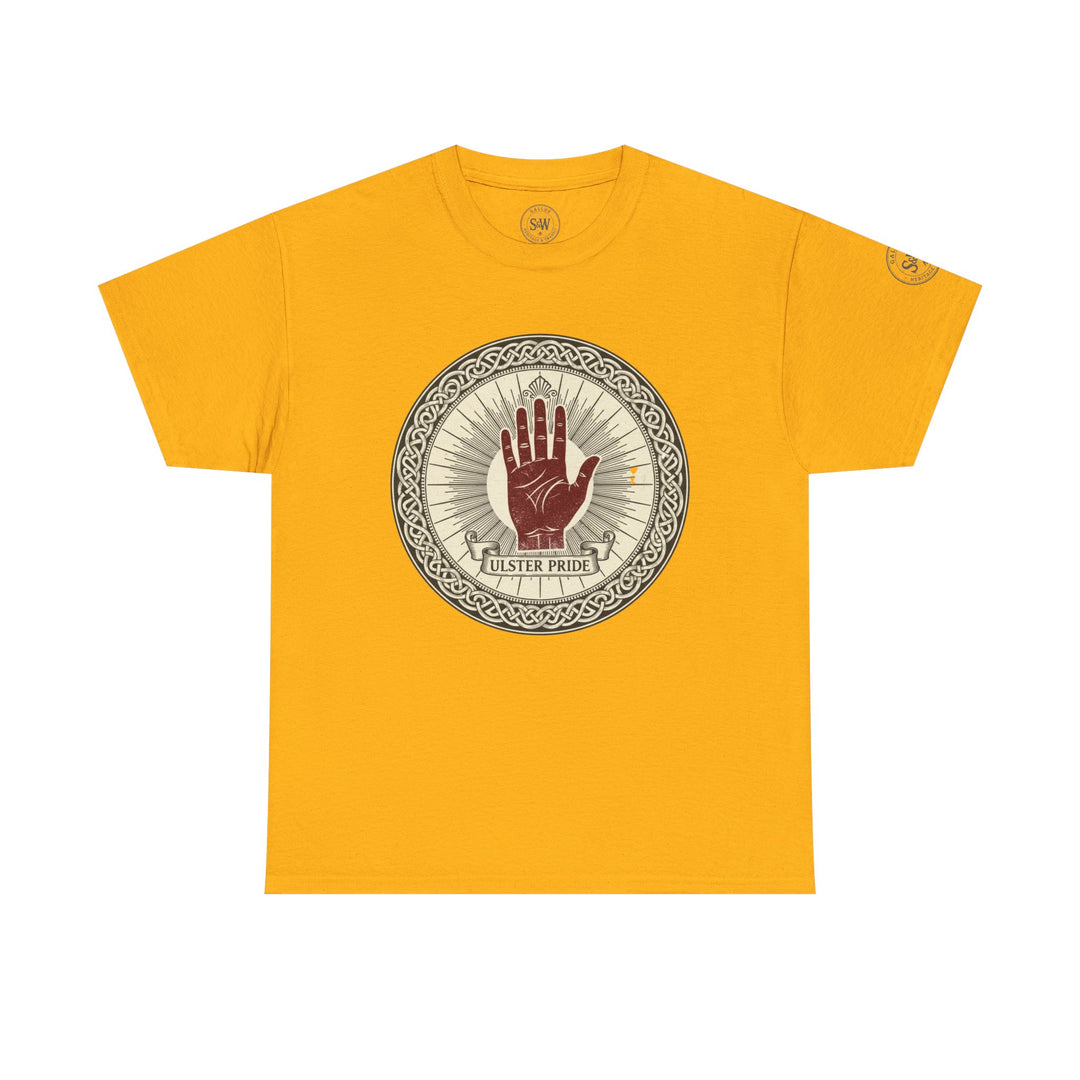 Gold t-shirt by S&amp;W Gallus featuring a round Ulster Pride graphic with a red hand and Celtic knot details.