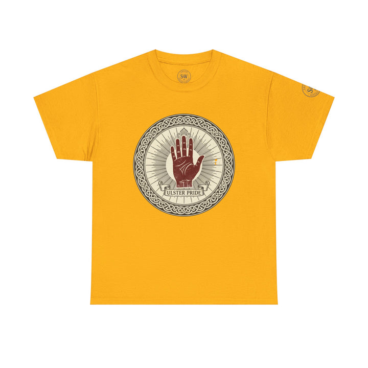 Gold t-shirt by S&amp;W Gallus featuring a round Ulster Pride graphic with a red hand and Celtic knot details.