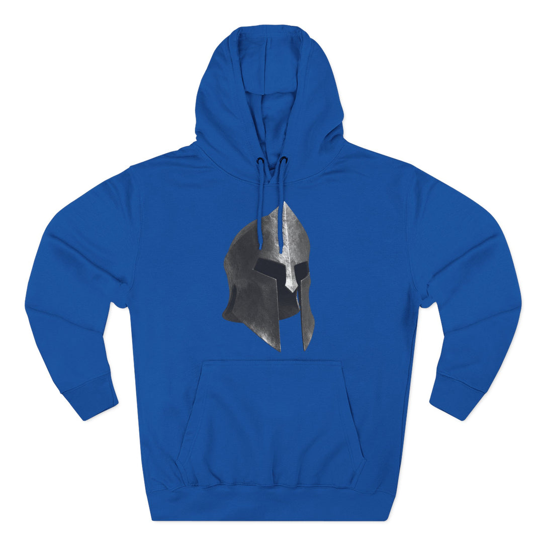 Blue fleece hoodie by S&amp;W Gallus featuring a spartan helmet graphic on the chest, hooded neckline, and long sleeves.