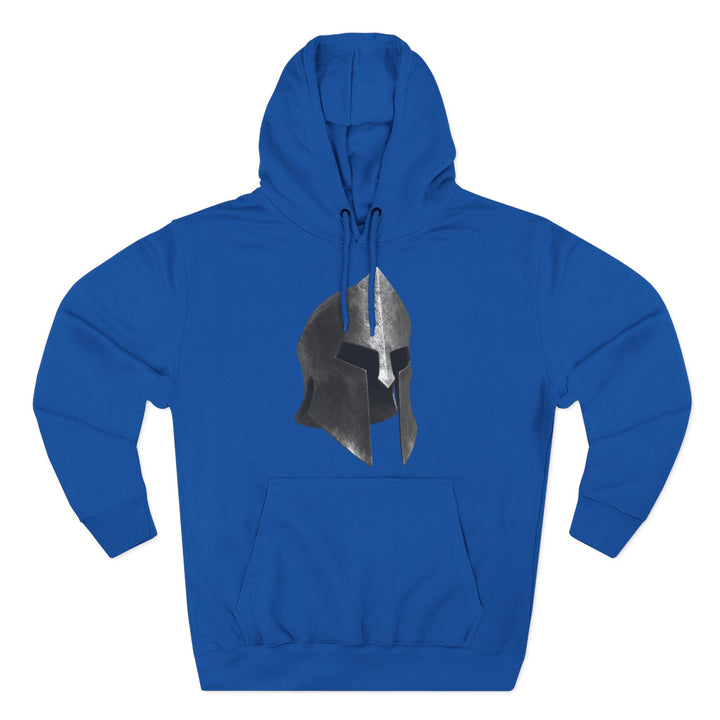 Blue fleece hoodie by S&amp;W Gallus featuring a spartan helmet graphic on the chest, hooded neckline, and long sleeves.