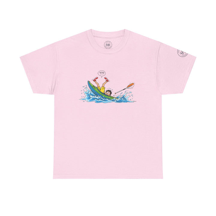 Pink t-shirt by S&amp;W Gallus featuring a cartoon drawing of a person capsizing in a kayak.