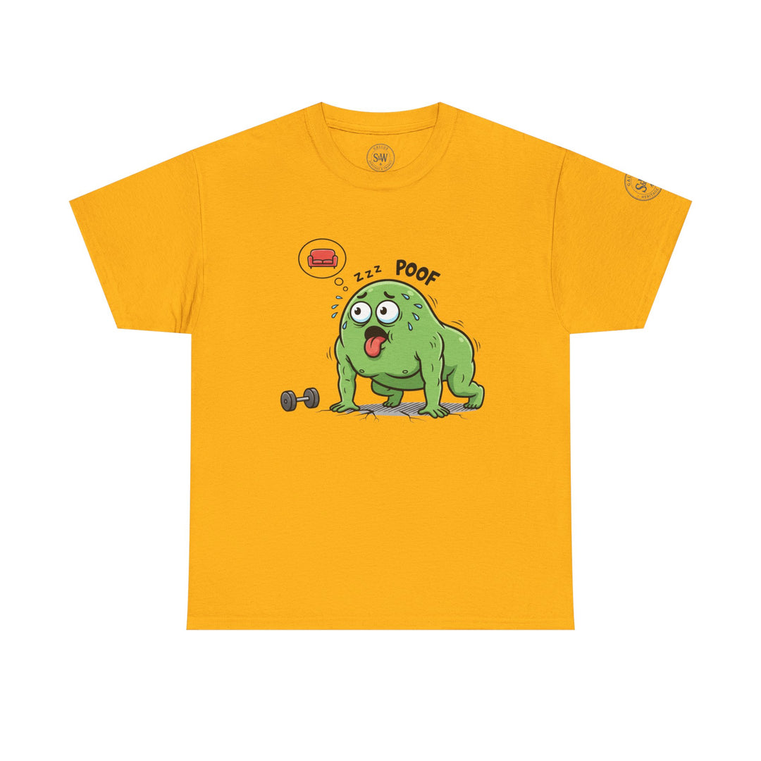 Yellow t-shirt with a funny cartoon design by S&amp;W Gallus, featuring a tired green monster after a workout.