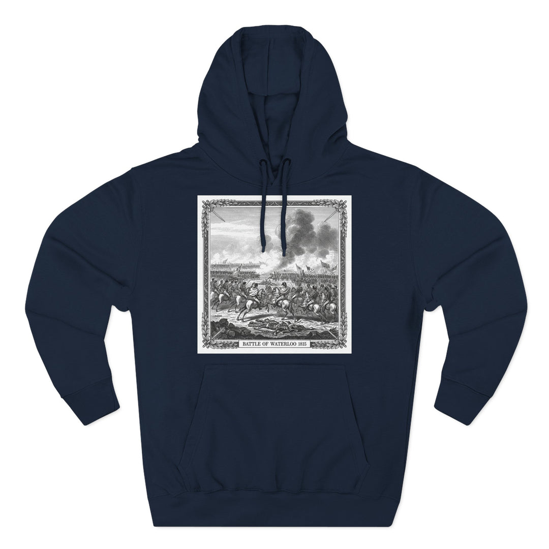 Navy hoodie by S&amp;W Gallus, displaying a vintage engraving of the Battle of Waterloo framed with laurel leaves.