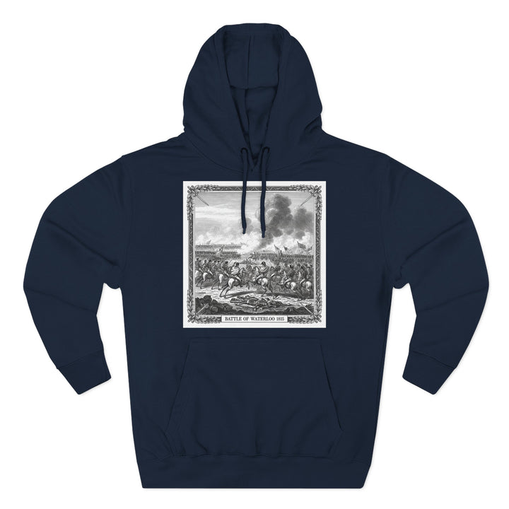 Navy hoodie by S&amp;W Gallus, displaying a vintage engraving of the Battle of Waterloo framed with laurel leaves.