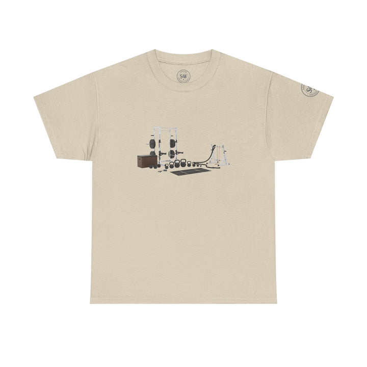 Beige t-shirt by S&amp;W Gallus displaying a circuit set design on the front.