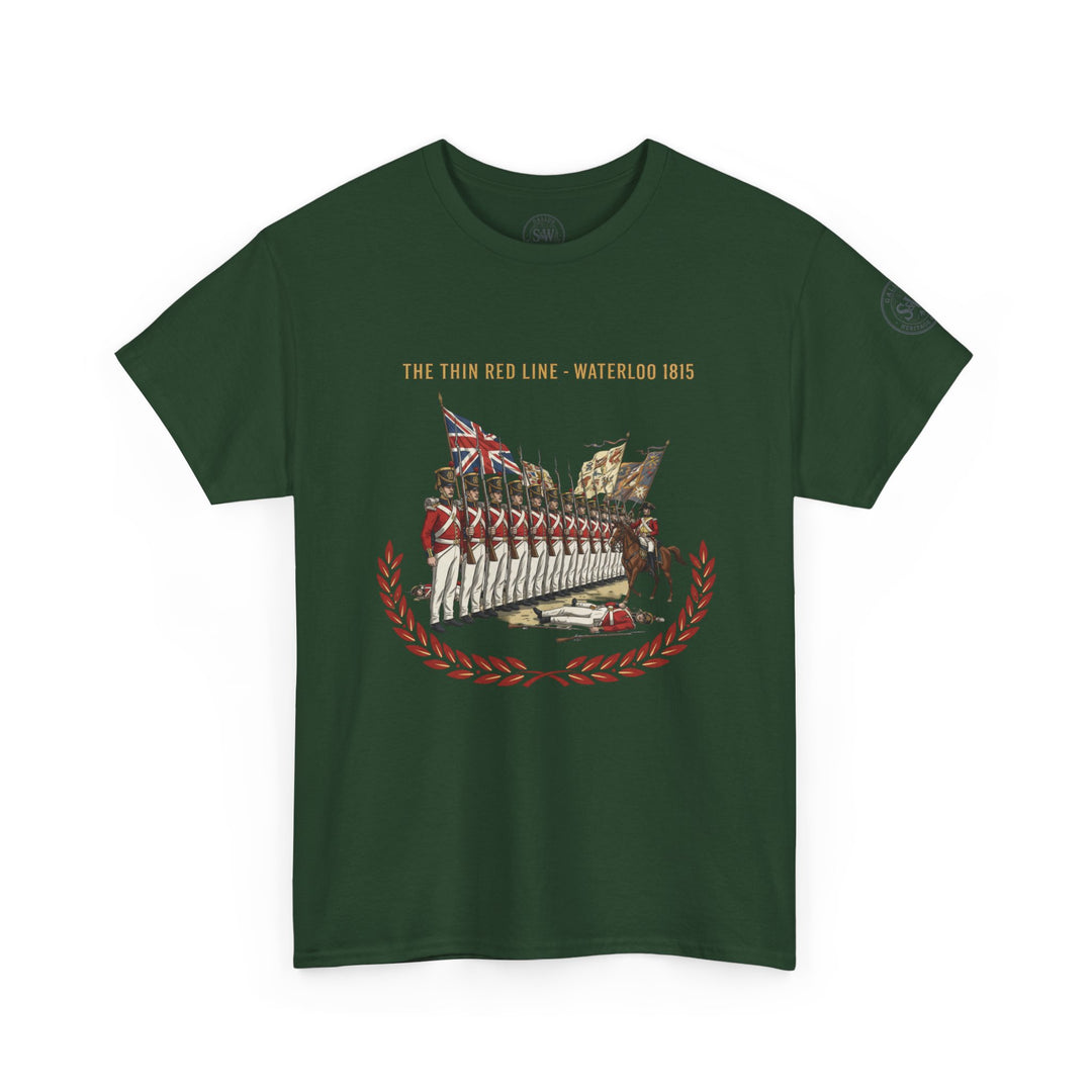 Dark green t-shirt by S&amp;W Gallus with "The Thin Red Line - Waterloo 1815" text and a graphic of soldiers.