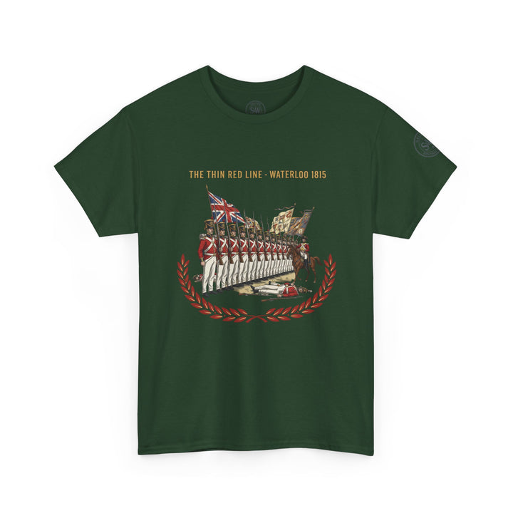 Dark green t-shirt by S&amp;W Gallus with "The Thin Red Line - Waterloo 1815" text and a graphic of soldiers.