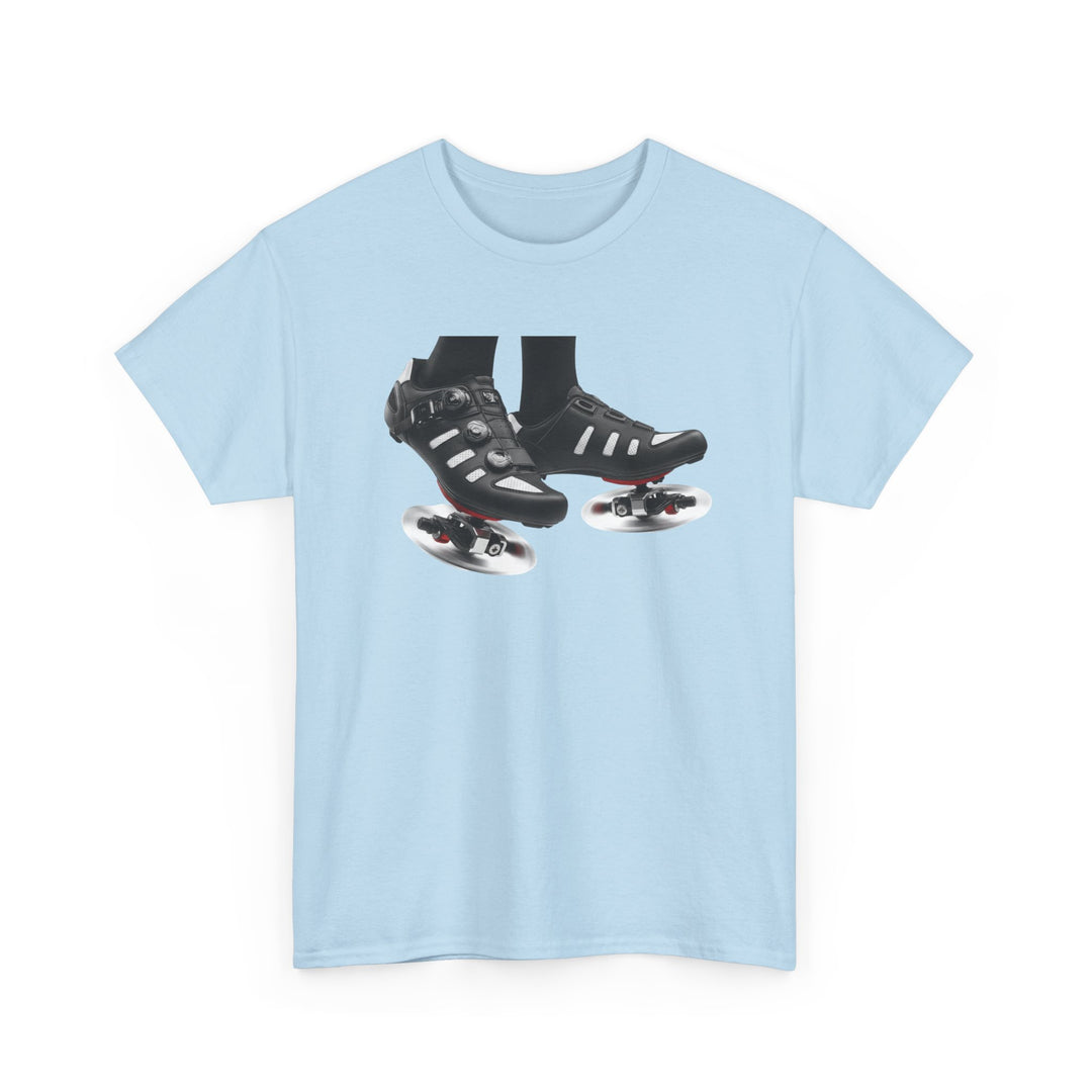 Spin Shoes Tee – soft, breathable cotton featuring a cycling shoes graphic. Perfect for spin classes, indoor workouts, and casual activewear.