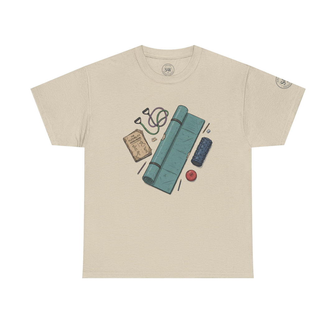 Beige t-shirt by S&amp;W Gallus, featuring a flexibility and exercise accessory print on the front.