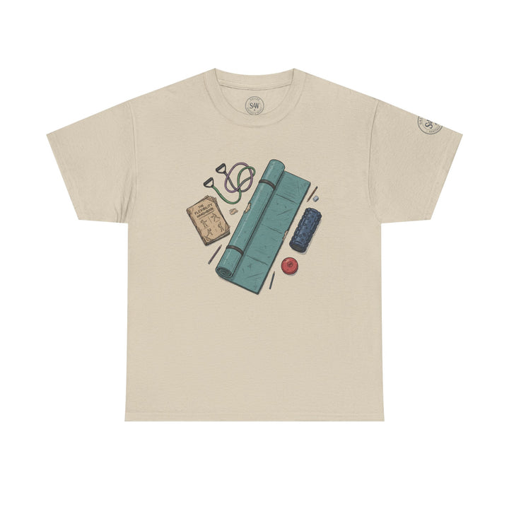 Beige t-shirt by S&amp;W Gallus, featuring a flexibility and exercise accessory print on the front.